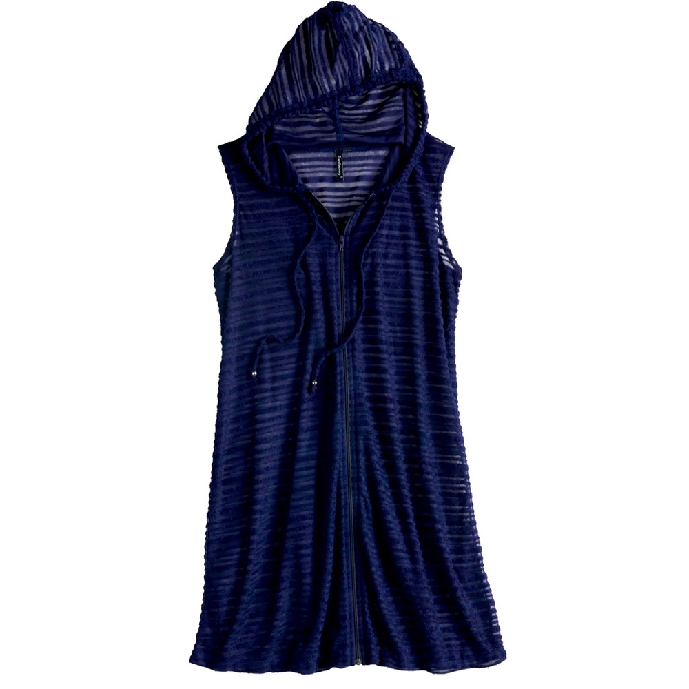 J VALDI NAVY BLUE HORIZONTAL POLYESTER BURNOUT STRIPE HOODIE FRONT ZIP COVERUP